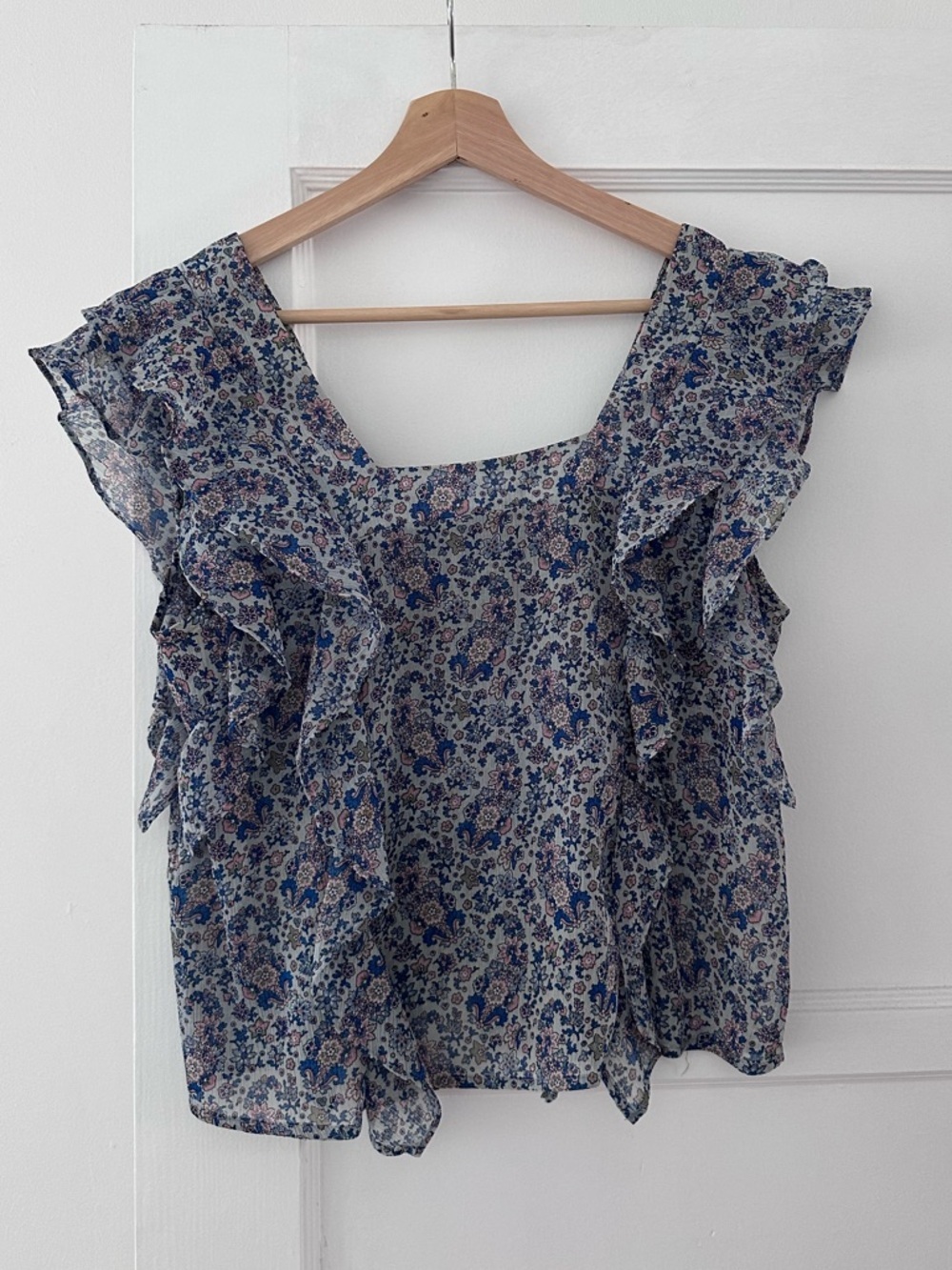 Mango Floral Ruffle Sleeveless Top - Blue - Size M